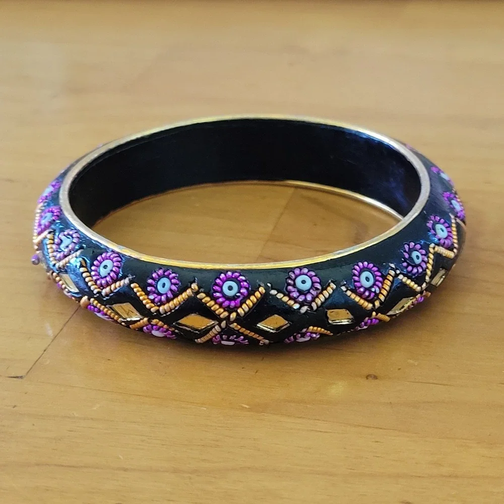 India Black Lacquer Bangle Bracelet Pink Floral Gold Mirror Inlay Vtg
